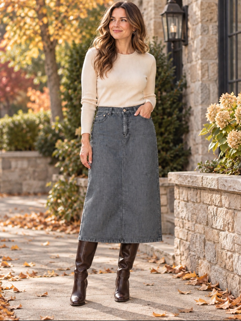 Christopher & Banks Size 14 Pinstripe Stretch Denim Long Midi Skirt